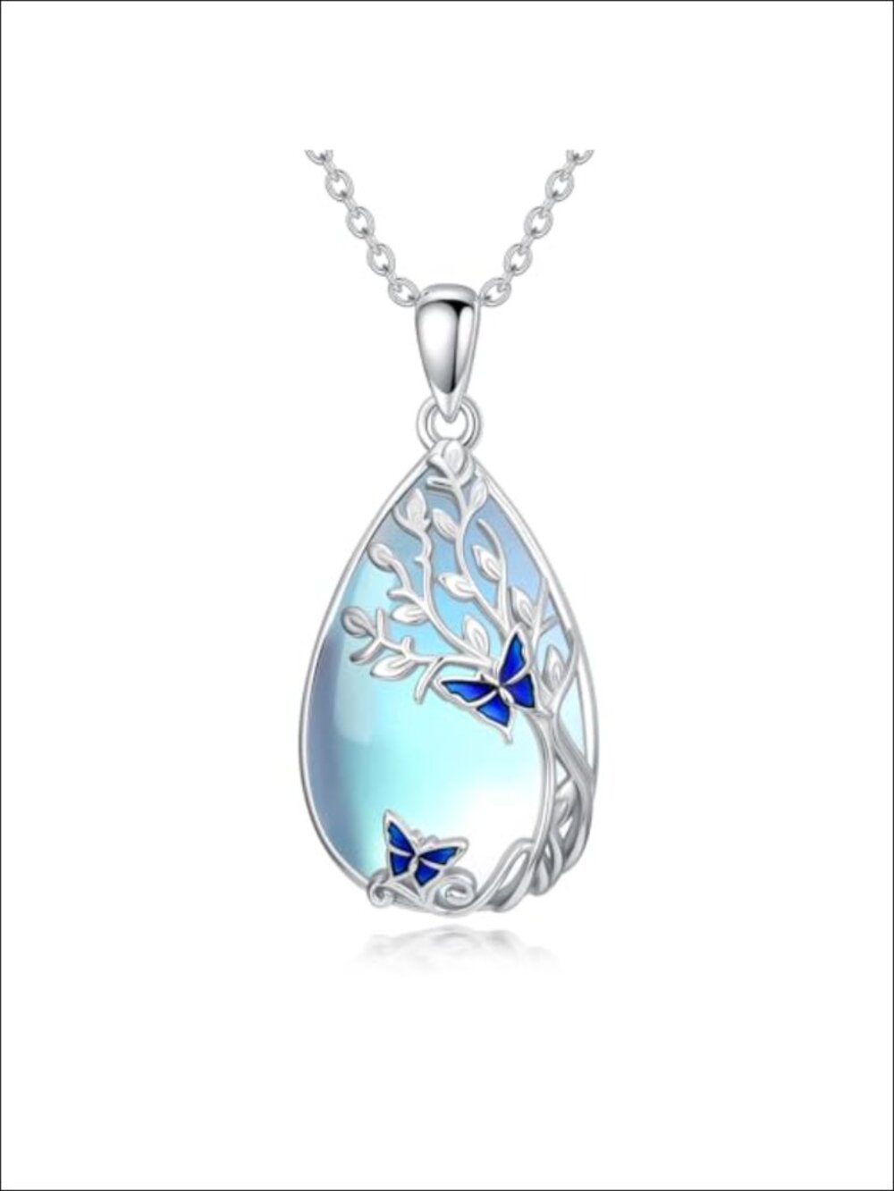 18K White Gold Plated Moonstone Butterfly Pendant Necklace, Layering Jewelry